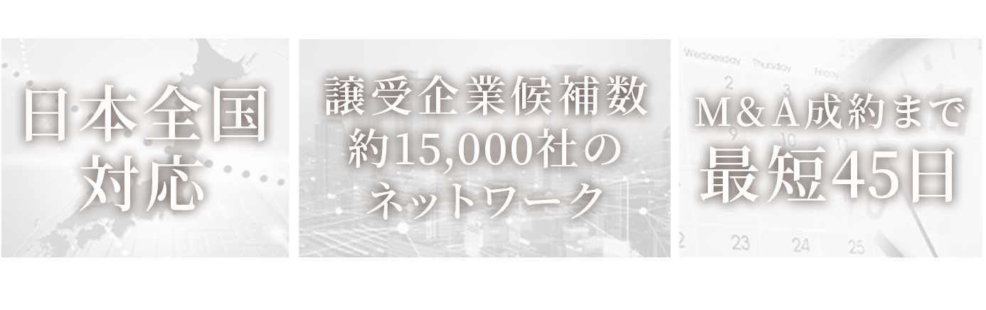 日本全国対応 譲受企業候補数約15,000社のネットワーク M%A成約まで最大45日